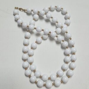 Vintage Monet White acrylic Beaded Necklace Gold Tone Spacer Beads Lobster Clasp